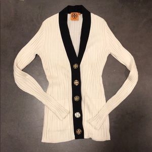 Tory Burch Whit & Navy Ribbed Cardigan XS